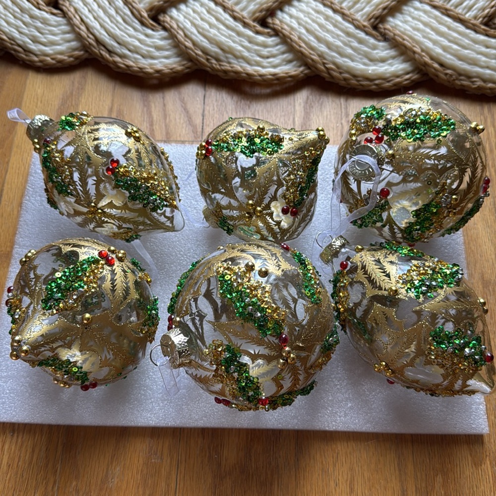 Frontgate Holiday Leaves Embellished Ornaments - Set of 6 - Picture 2 of 16